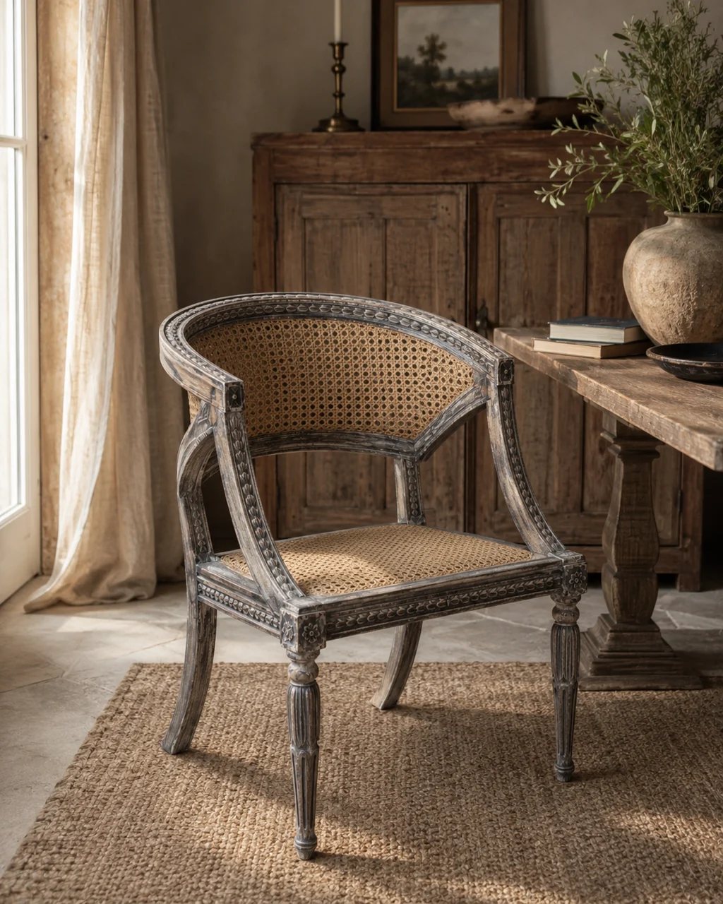 A cane-back chair with carved arms beside a writing desk