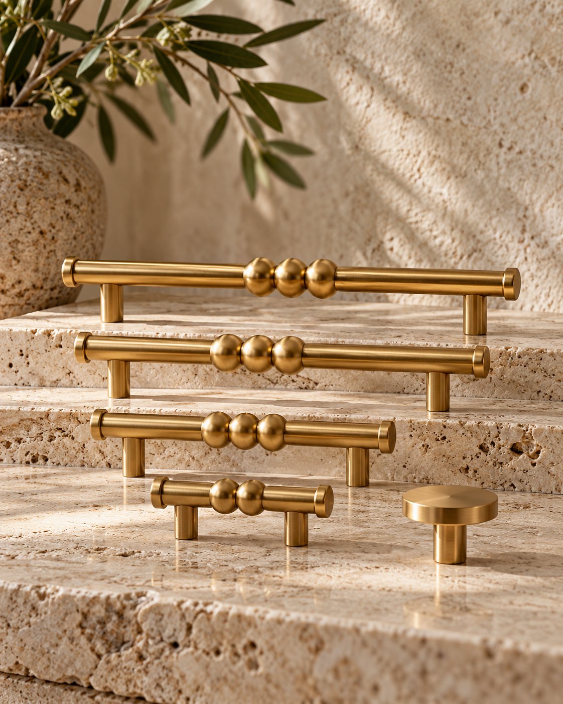Brass beaded cabinet pulls arranged on travertine steps