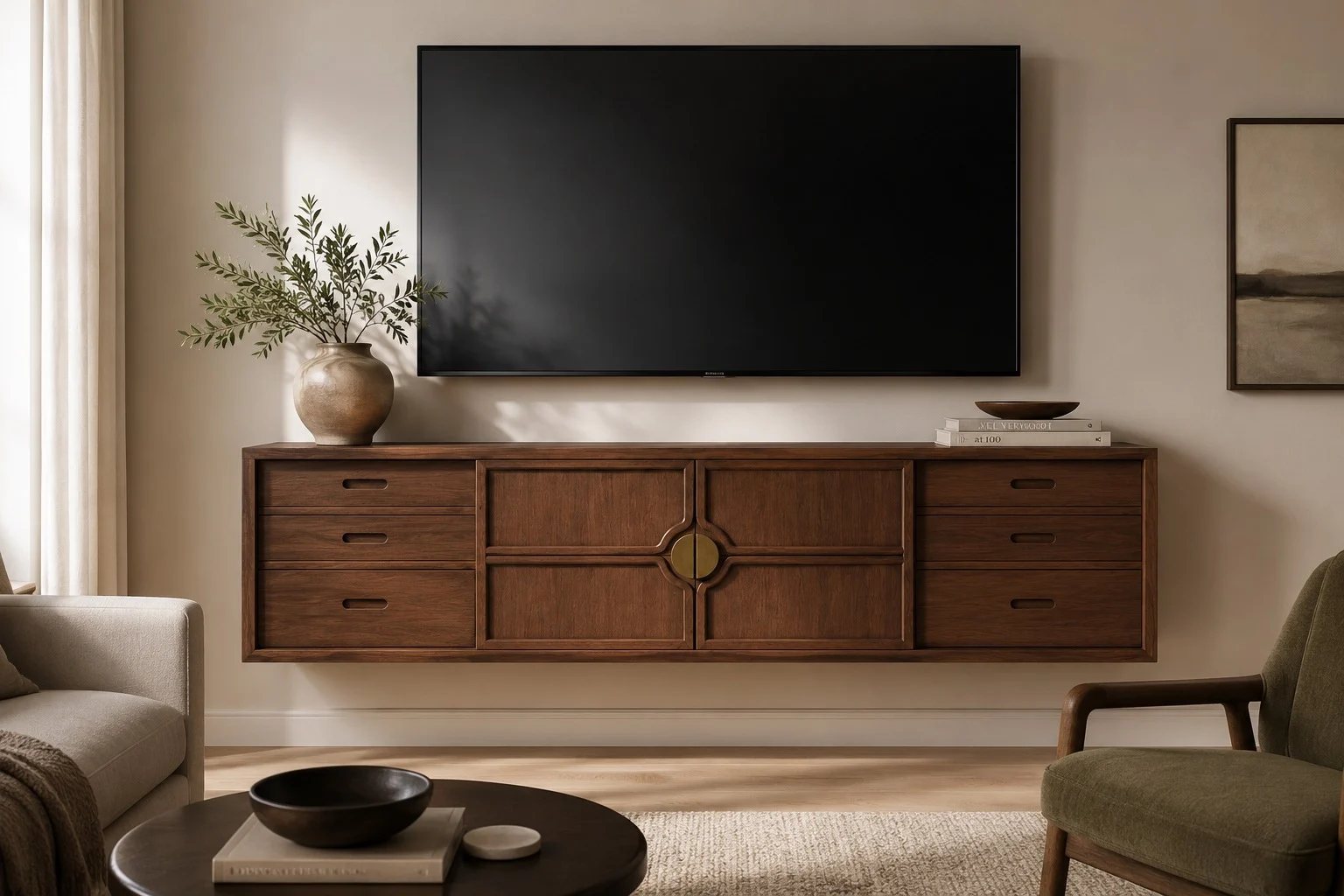 A floating walnut media console with brass details beneath a television