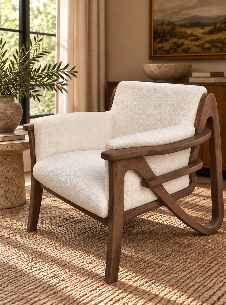 Stenah's first chair: a curved walnut frame with ivory upholstery, in a sunlit room