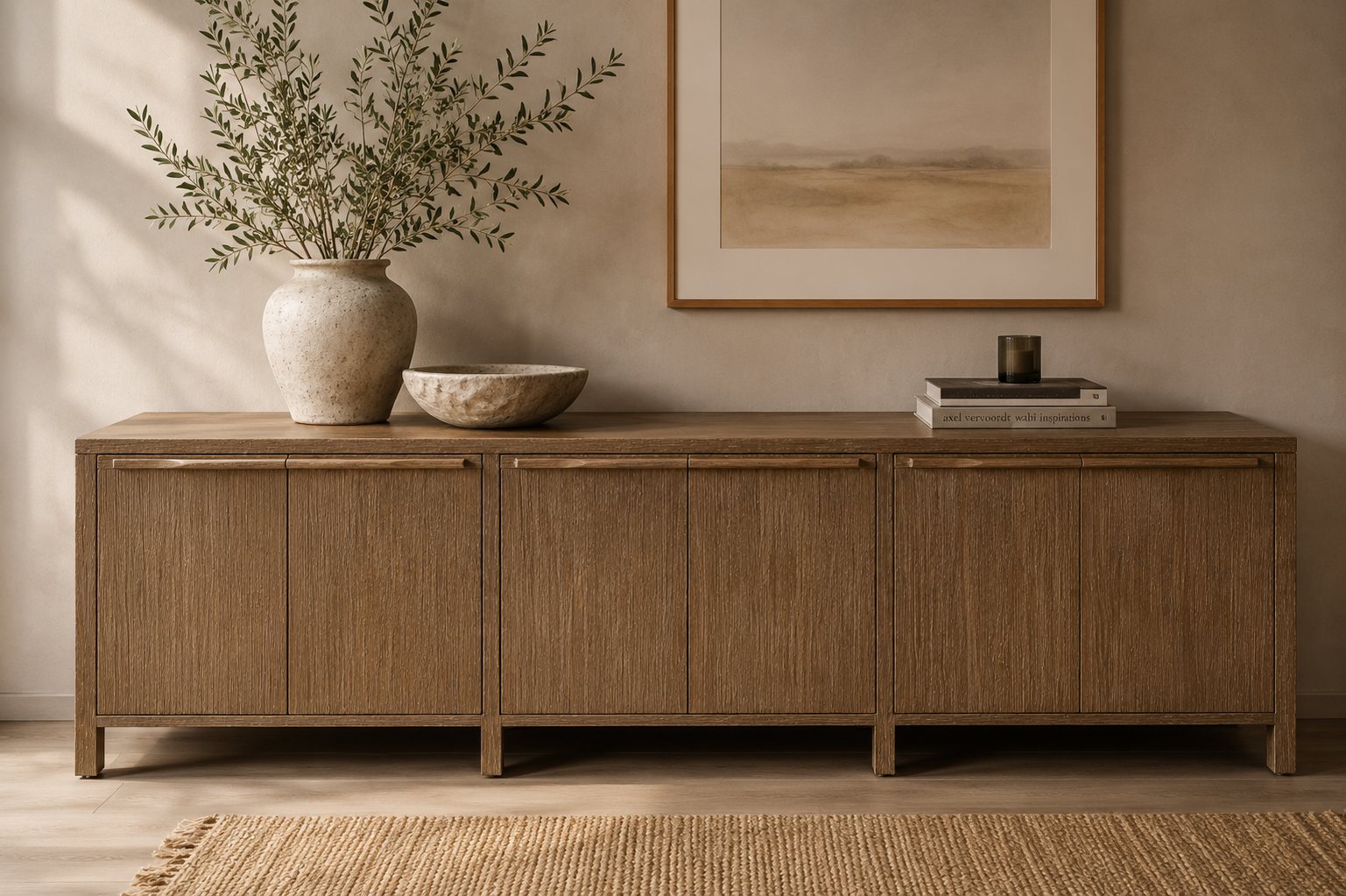 A Stenah sideboard in warm oak, styled with a vase of olive branches and a framed landscape