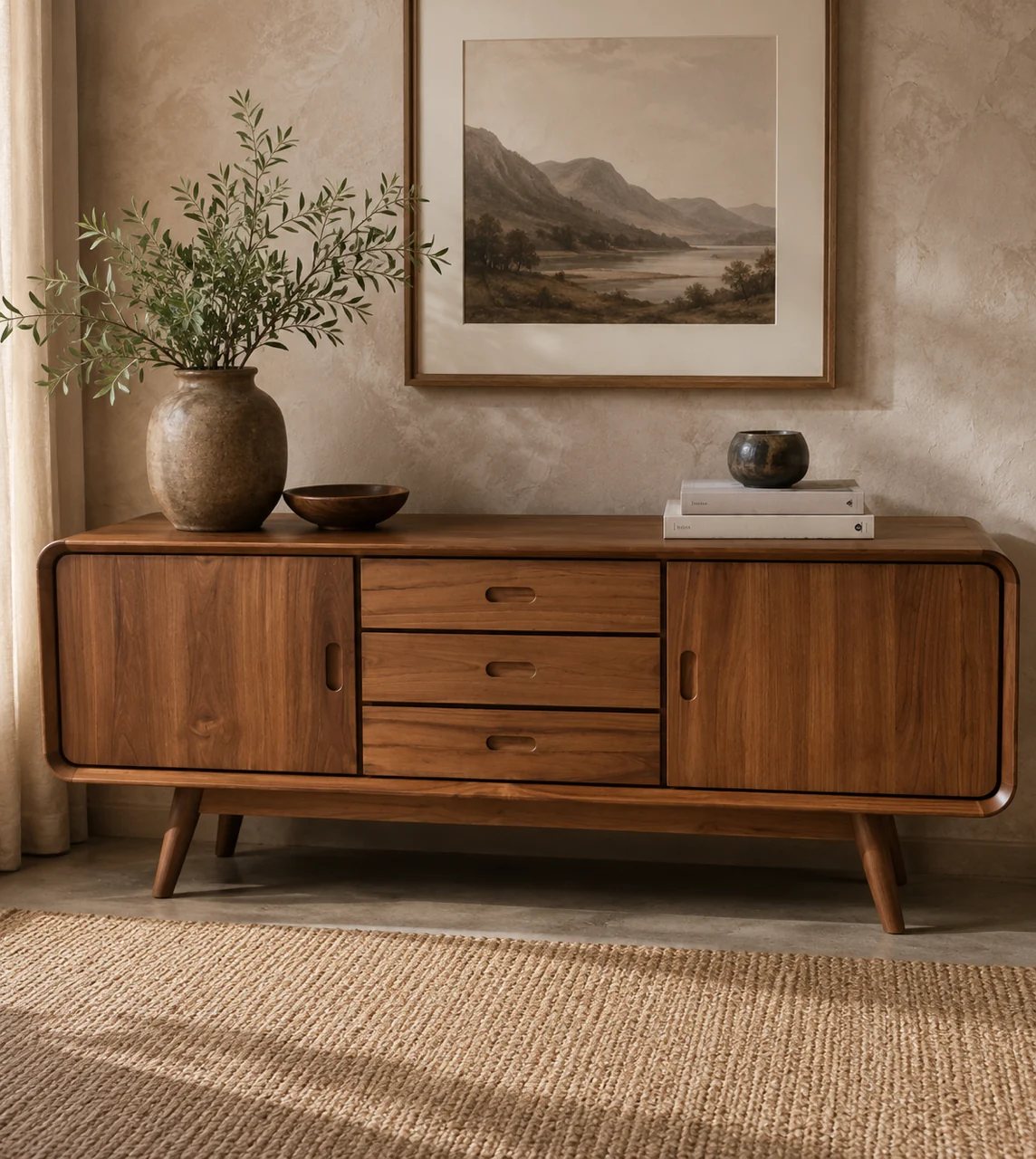 A walnut credenza, the cover image of the Stenah lookbook