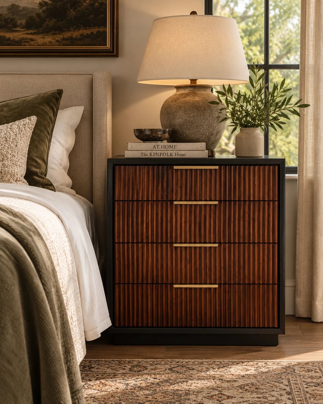 A walnut nightstand with fluted drawer fronts beside a bed
