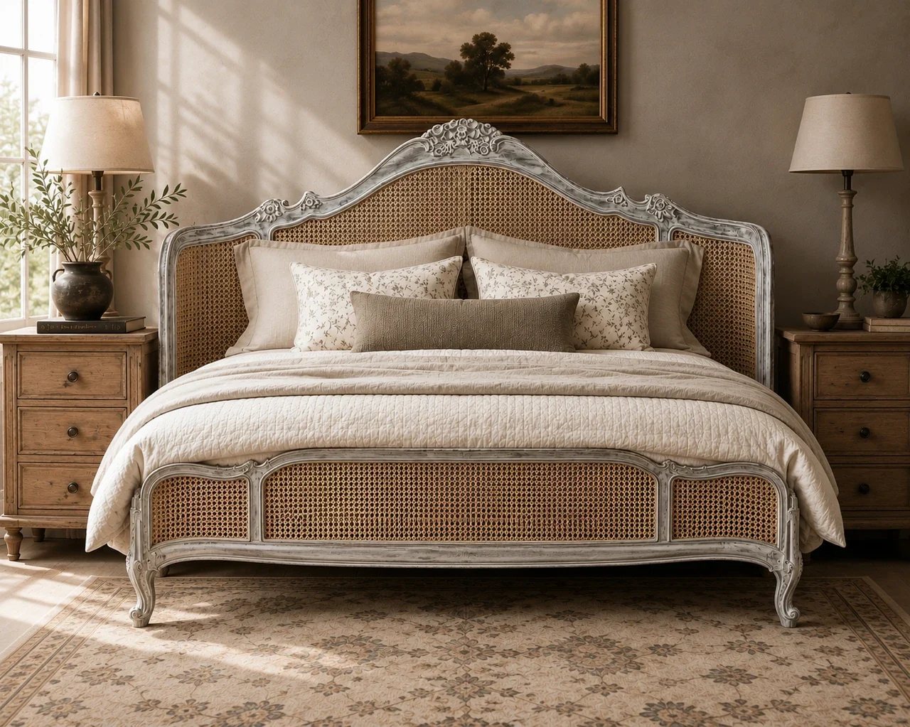 A carved, cane-paneled king headboard in a softly lit bedroom