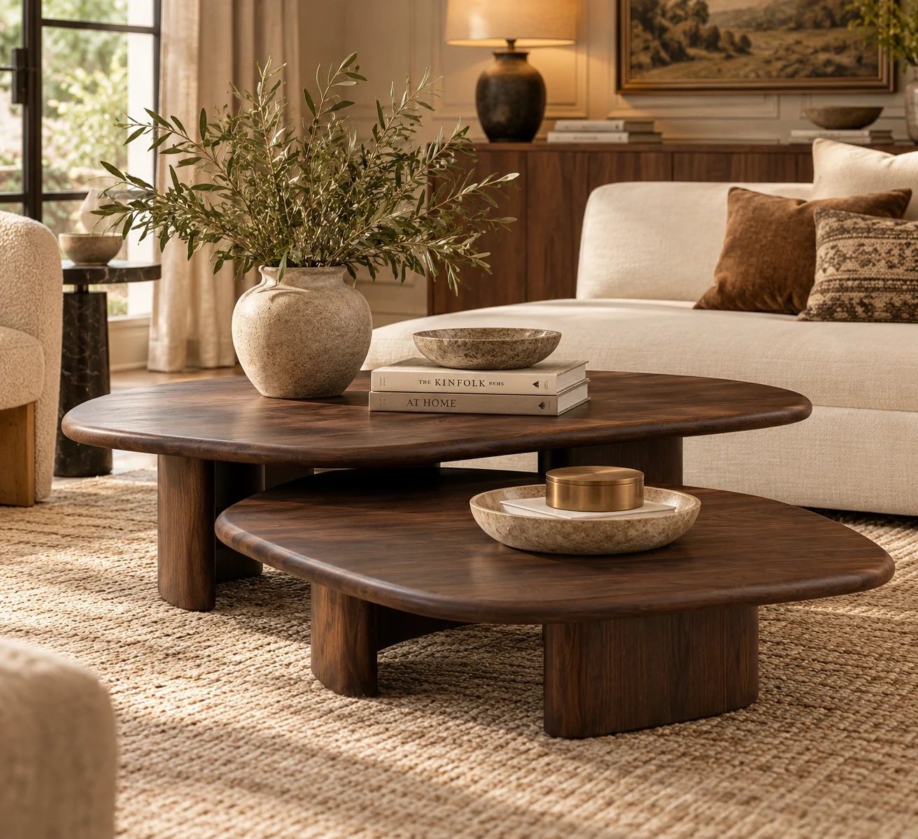 Two organically shaped walnut nesting coffee tables in a living room