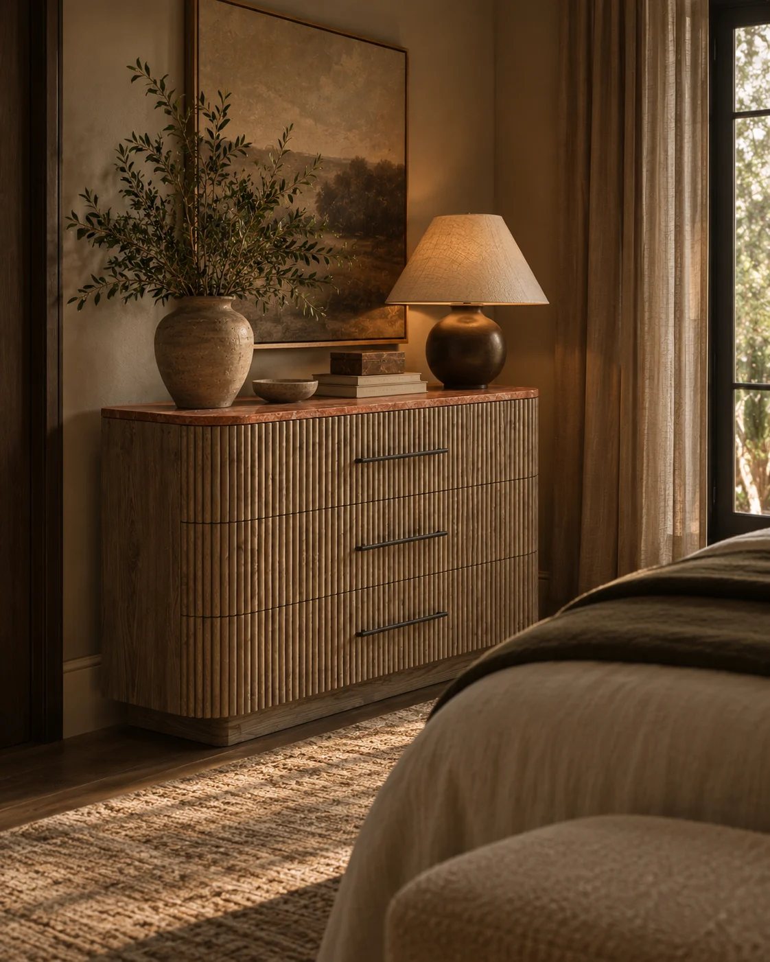 A reeded oak dresser in a softly lit bedroom
